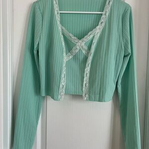 SHEIN Mint Green Lace-Trimmed Ribbed Blouse
